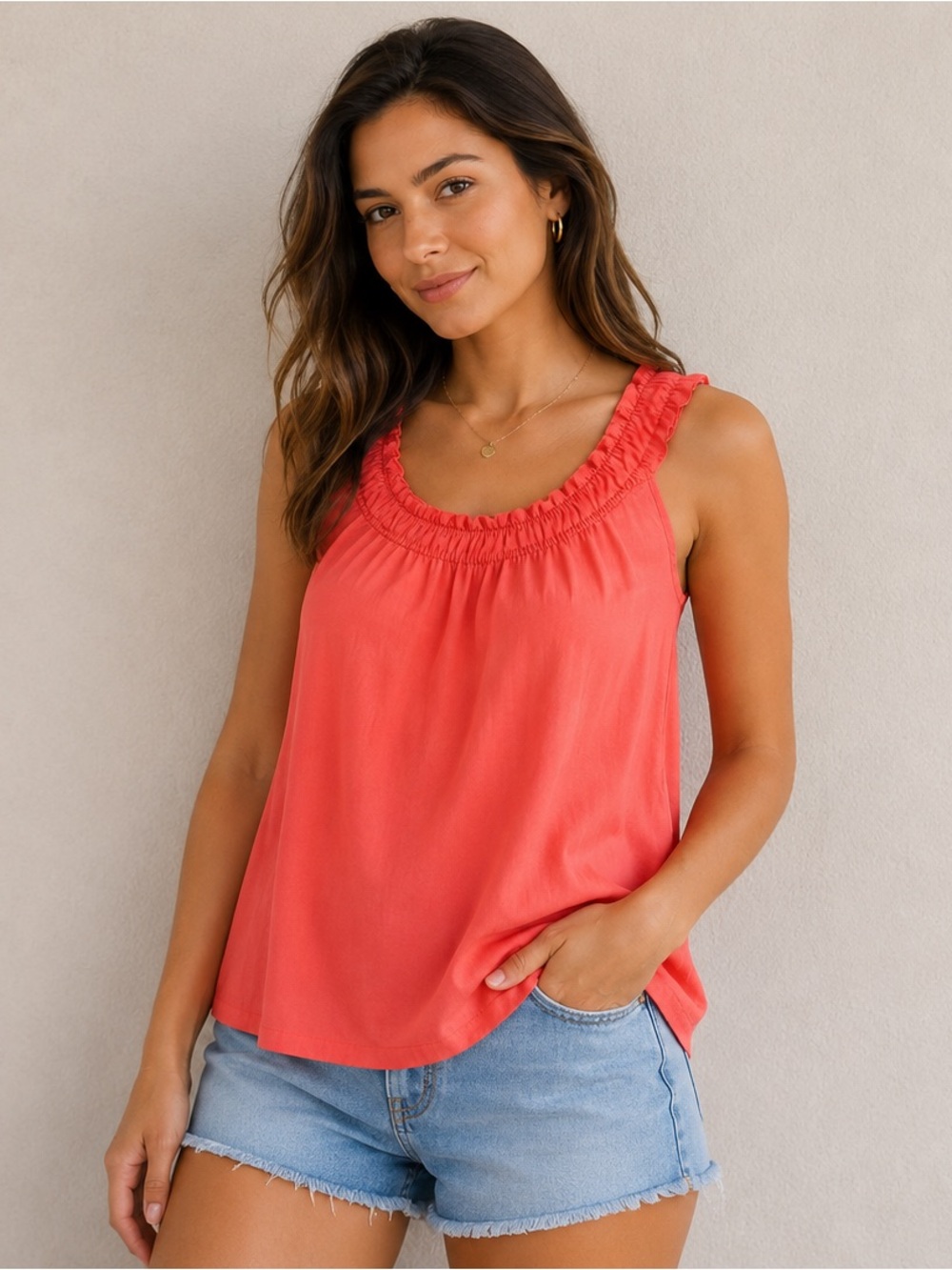 Talbots Coral Sleeveless Ruffle-Neck Tank Size 12P